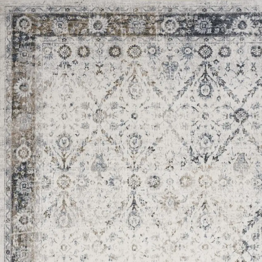 Blue and Ivory Floral Medallion Power Loom Distressed Washable Area Rug Photo 6