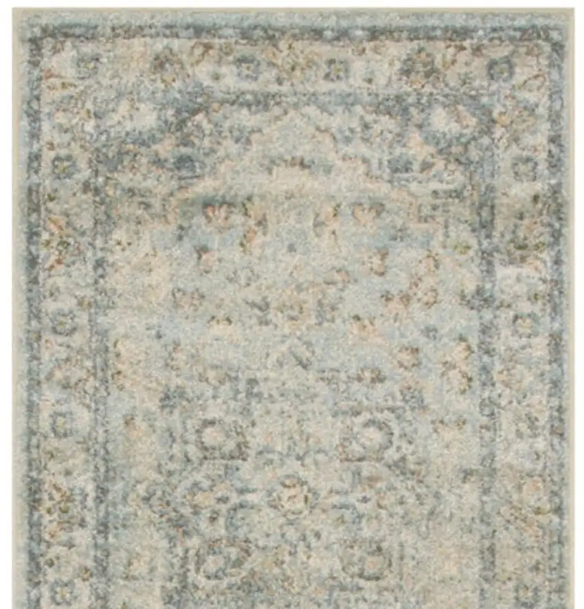 10' Blue And Ivory Floral Medallion Distressed Washable Runner Rug Photo 3