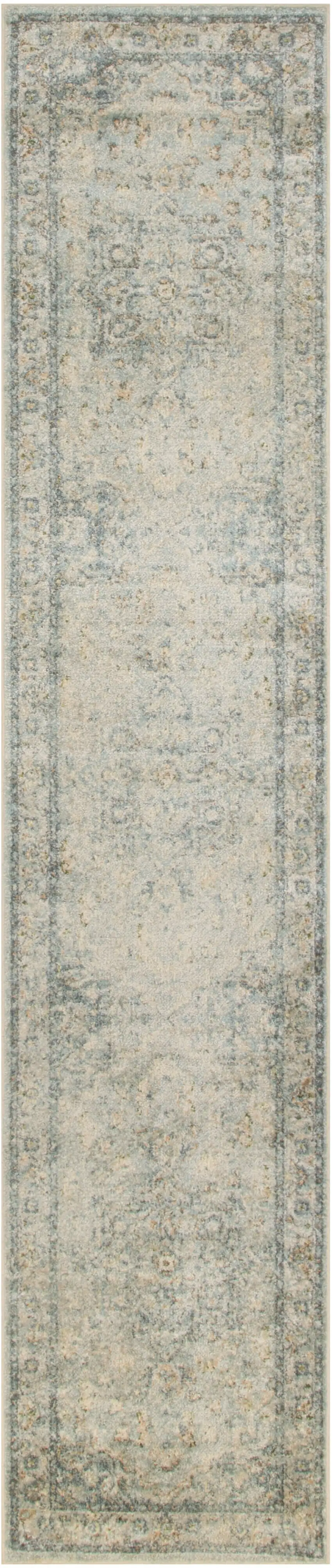 Blue and Ivory Floral Medallion Power Loom Distressed Washable Runner Rug Photo 2
