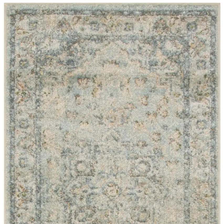 Blue and Ivory Floral Medallion Power Loom Distressed Washable Runner Rug Photo 4