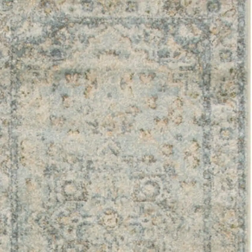 10' Blue And Ivory Floral Medallion Distressed Washable Runner Rug Photo 1
