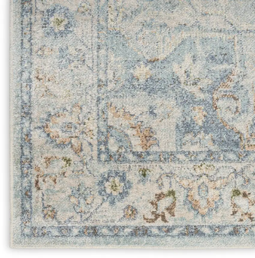 8' Blue And Ivory Floral Medallion Distressed Washable Runner Rug Photo 8