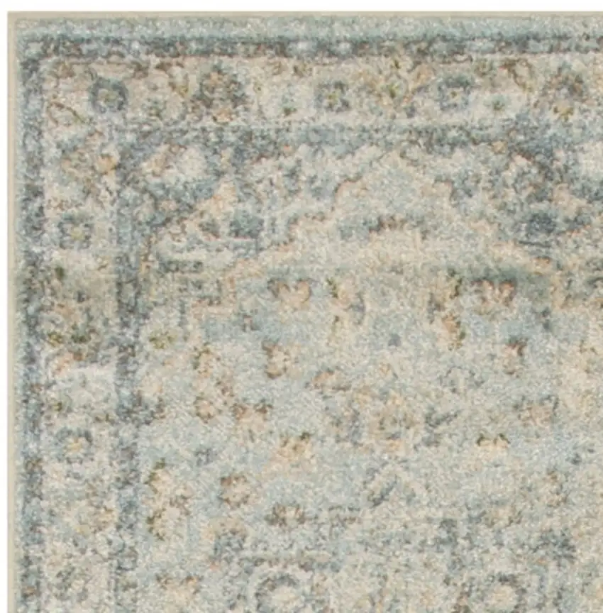 Blue and Ivory Floral Medallion Power Loom Distressed Washable Runner Rug Photo 7