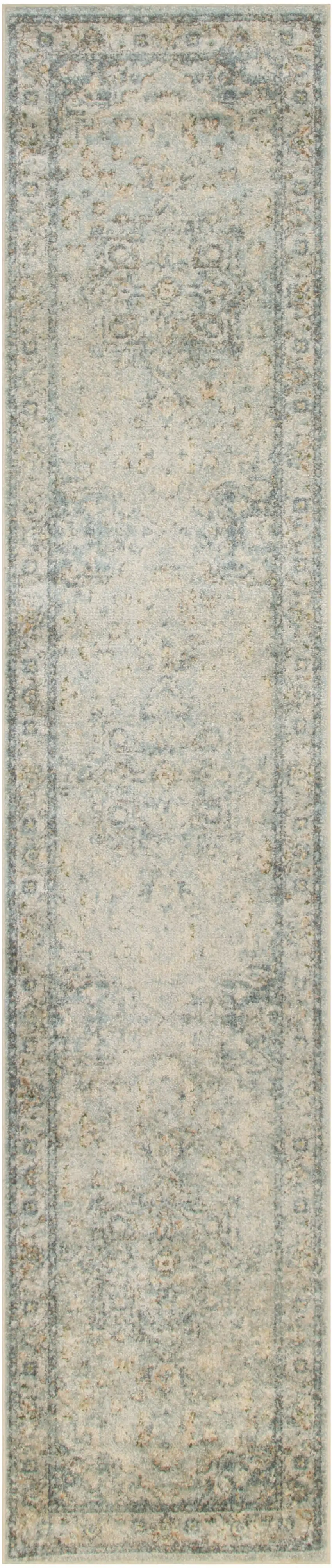 Blue and Ivory Floral Medallion Power Loom Distressed Washable Runner Rug Photo 2