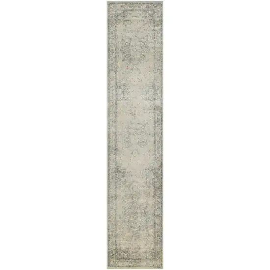 8' Blue And Ivory Floral Medallion Distressed Washable Runner Rug Photo 5