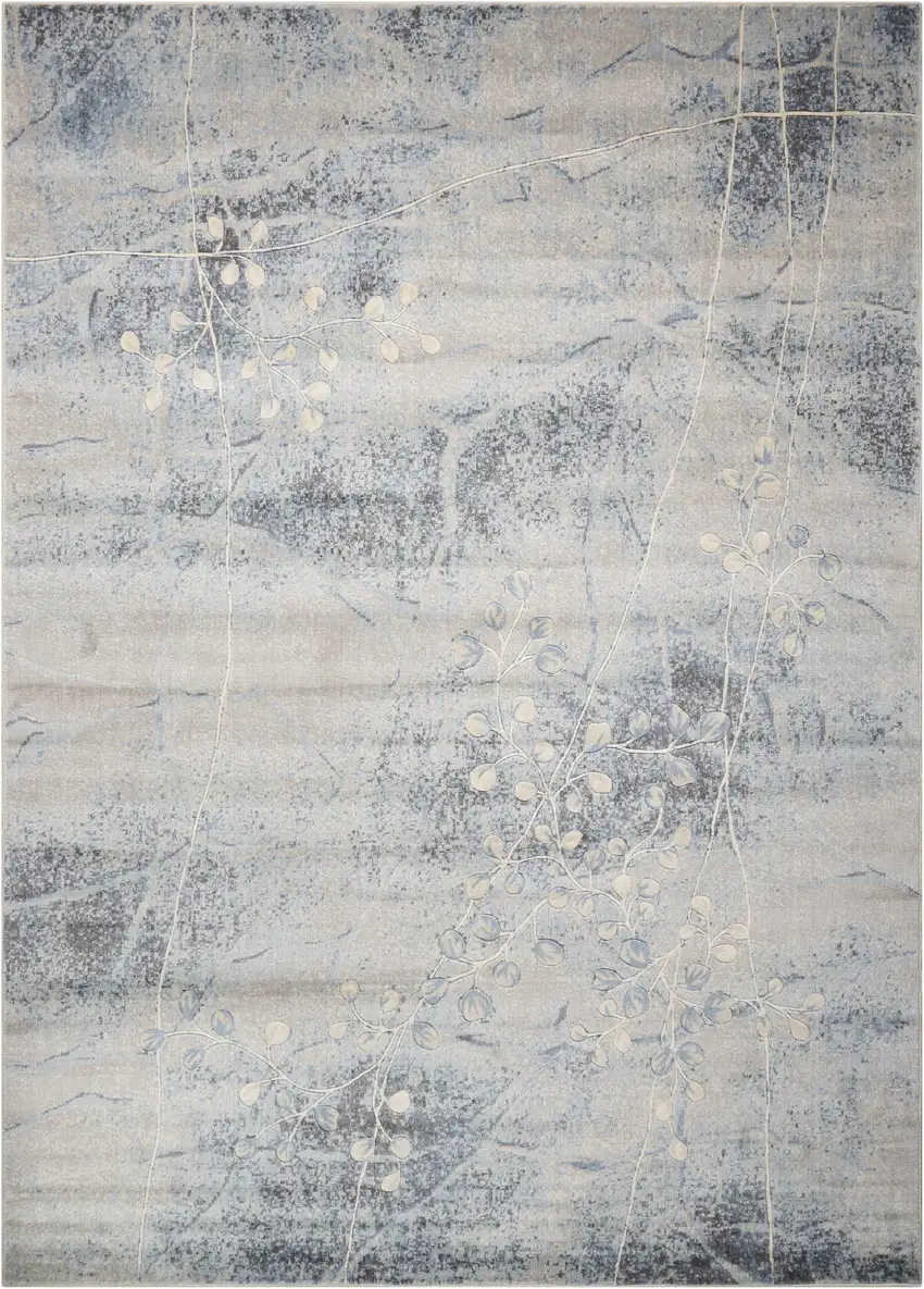 Blue and Ivory Floral Power Loom Area Rug Photo 3