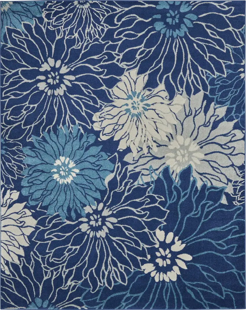 Blue and Ivory Floral Power Loom Area Rug Photo 2