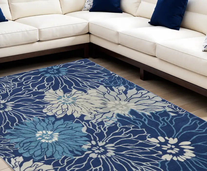 Blue and Ivory Floral Power Loom Area Rug Photo 1