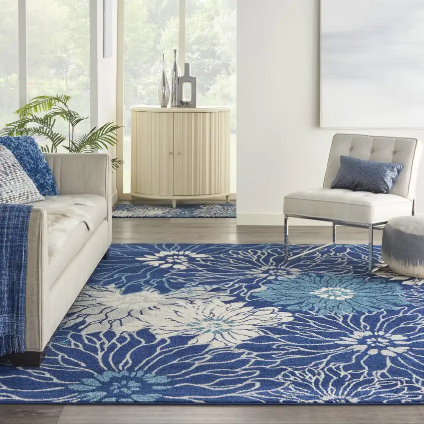 Blue and Ivory Floral Power Loom Area Rug Photo 3