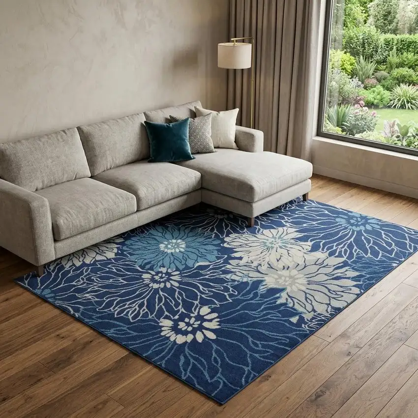 Blue and Ivory Floral Power Loom Area Rug Photo 1