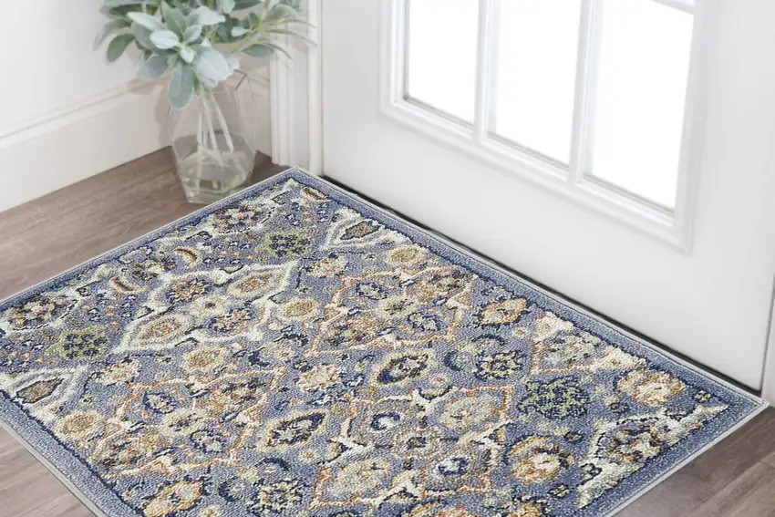Blue and Ivory Floral Power Loom Area Rug Photo 1