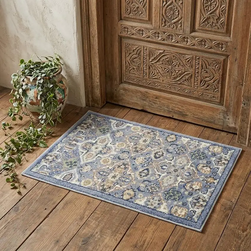 Blue and Ivory Floral Power Loom Area Rug Photo 1
