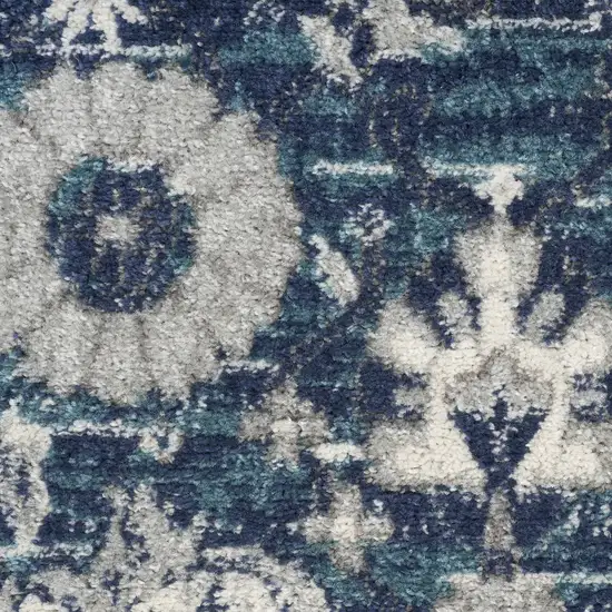 10' Blue And Ivory Floral Distressed Runner Rug Photo 3