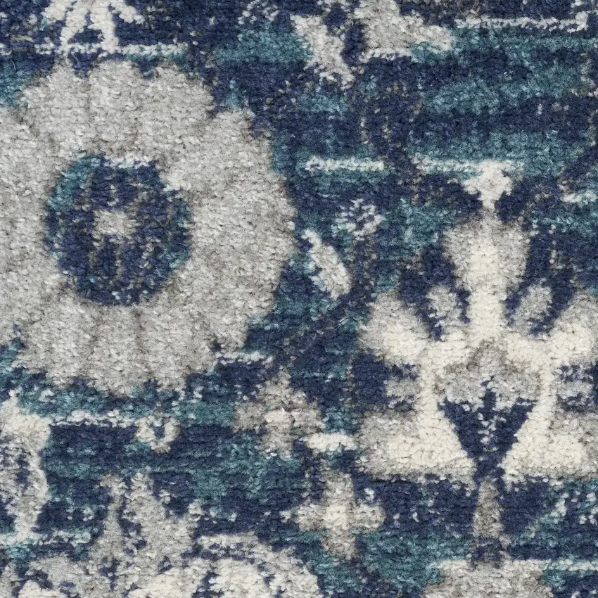 10' Blue And Ivory Floral Distressed Runner Rug Photo 3