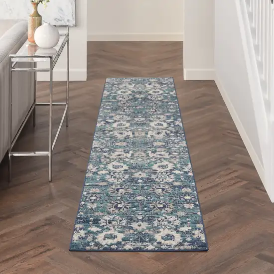 10' Blue And Ivory Floral Distressed Runner Rug Photo 4