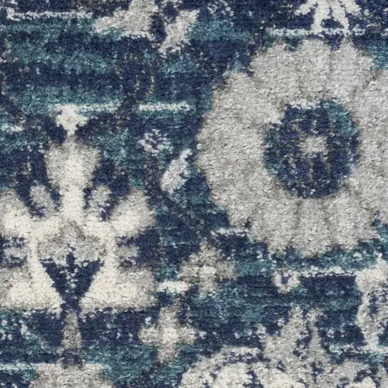 10' Blue And Ivory Floral Distressed Runner Rug Photo 1