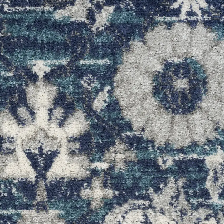 10' Blue And Ivory Floral Distressed Runner Rug Photo 1
