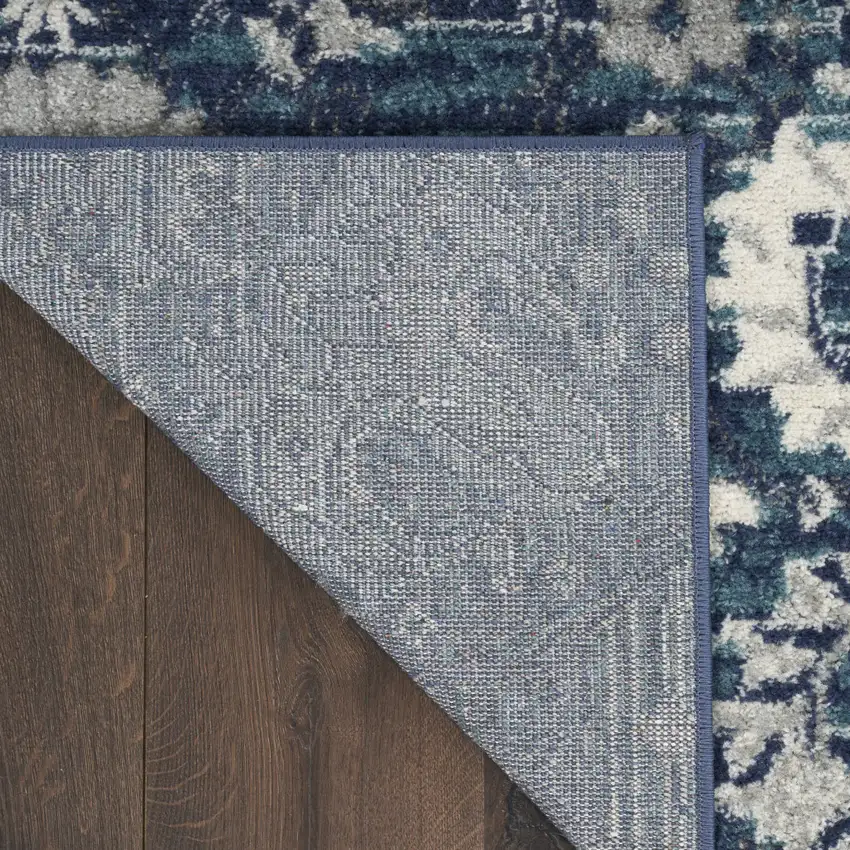 Blue and Ivory Floral Power Loom Distressed Runner Rug Photo 4