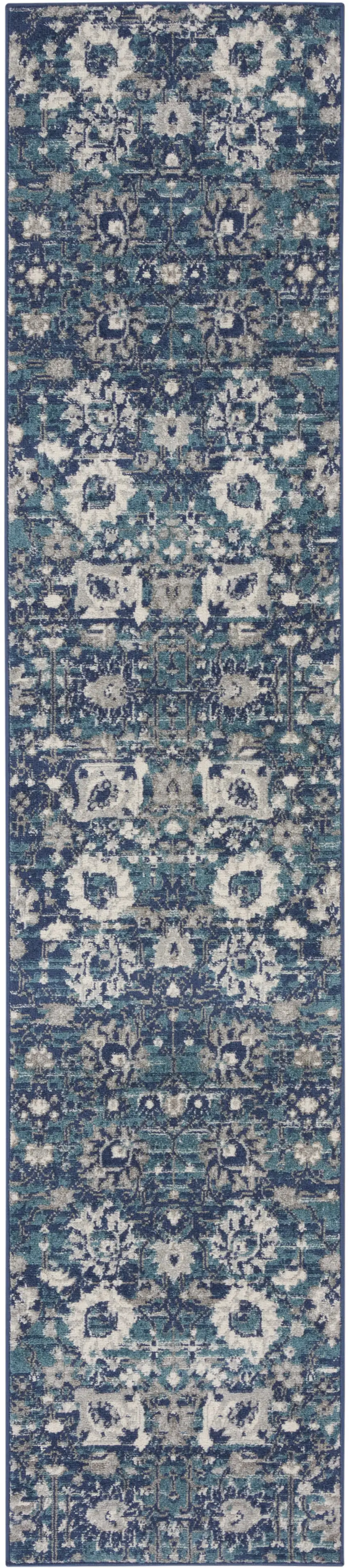Blue and Ivory Floral Power Loom Distressed Runner Rug Photo 2