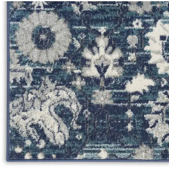 10' Blue And Ivory Floral Distressed Runner Rug Photo 9