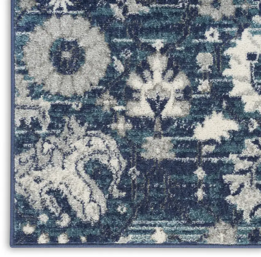 10' Blue And Ivory Floral Distressed Runner Rug Photo 9