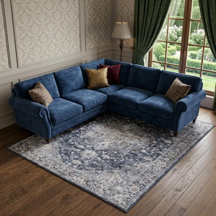 Blue and Ivory Floral Power Loom Distressed Washable Area Rug Photo 1