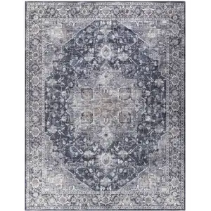 Photo of Blue and Ivory Floral Power Loom Distressed Washable Area Rug