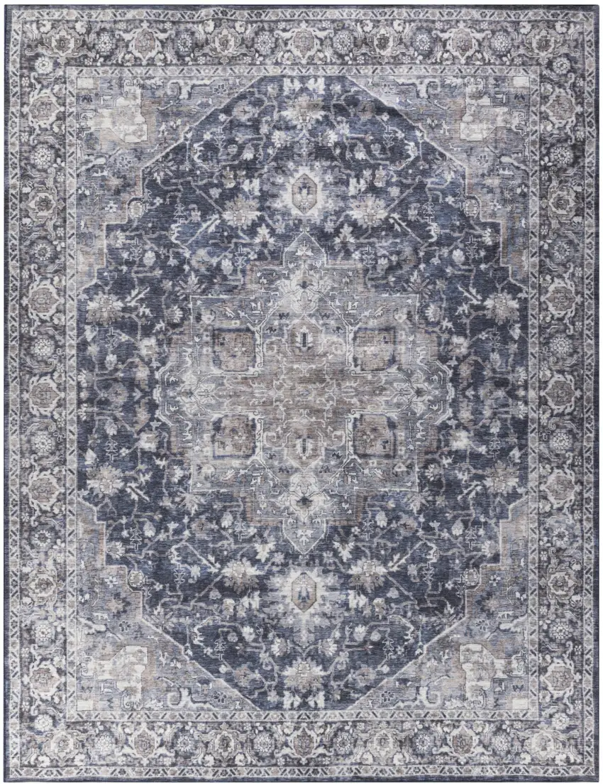 Blue and Ivory Floral Power Loom Distressed Washable Area Rug Photo 1
