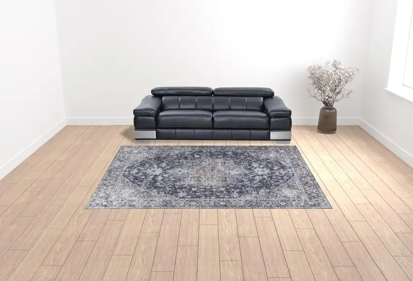 Blue and Ivory Floral Power Loom Distressed Washable Area Rug Photo 3