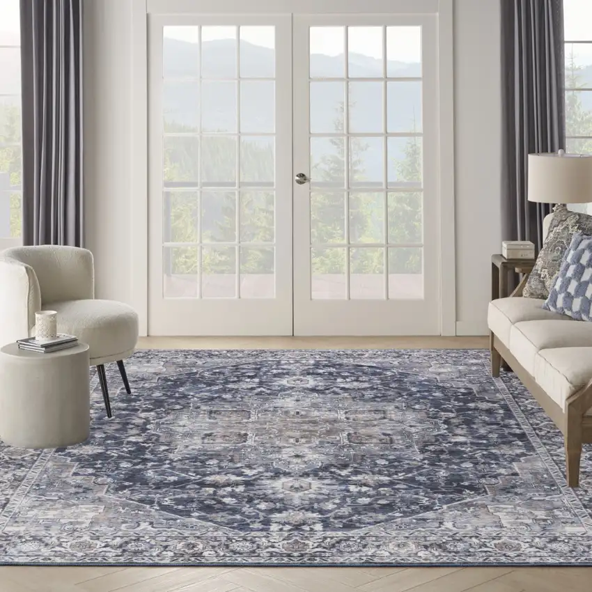 Blue and Ivory Floral Power Loom Distressed Washable Area Rug Photo 8