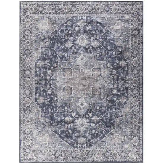 Blue and Ivory Floral Power Loom Distressed Washable Area Rug Photo 9