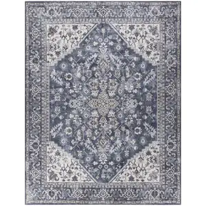 Photo of Blue and Ivory Floral Power Loom Distressed Washable Area Rug
