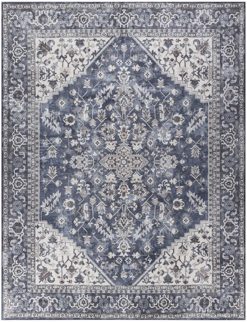 Blue and Ivory Floral Power Loom Distressed Washable Area Rug Photo 1