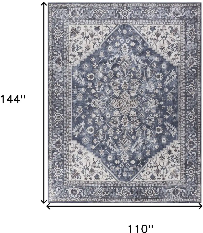 Blue and Ivory Floral Power Loom Distressed Washable Area Rug Photo 9