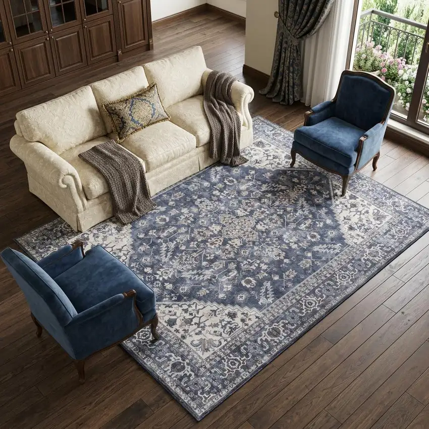 Blue and Ivory Floral Power Loom Distressed Washable Area Rug Photo 1