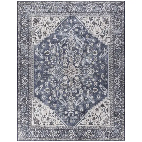 Blue and Ivory Floral Power Loom Distressed Washable Area Rug Photo 9