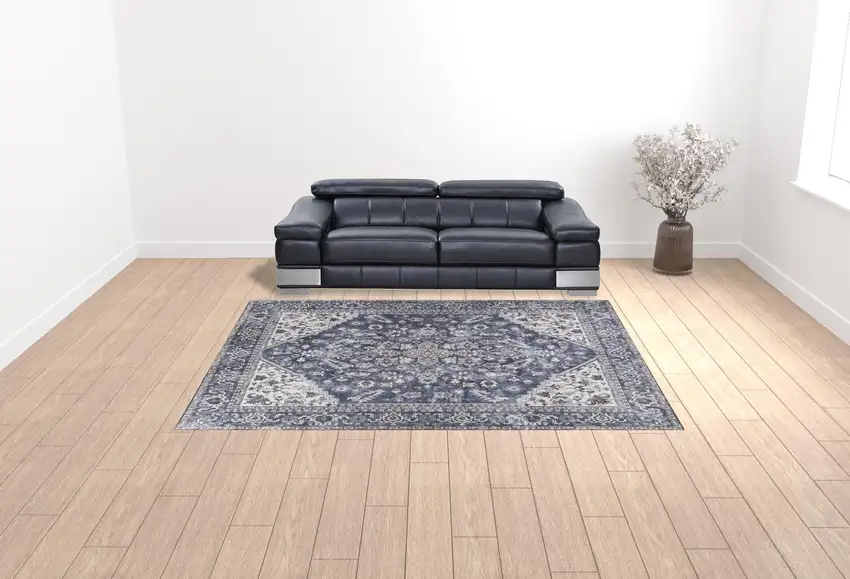 Blue and Ivory Floral Power Loom Distressed Washable Area Rug Photo 3