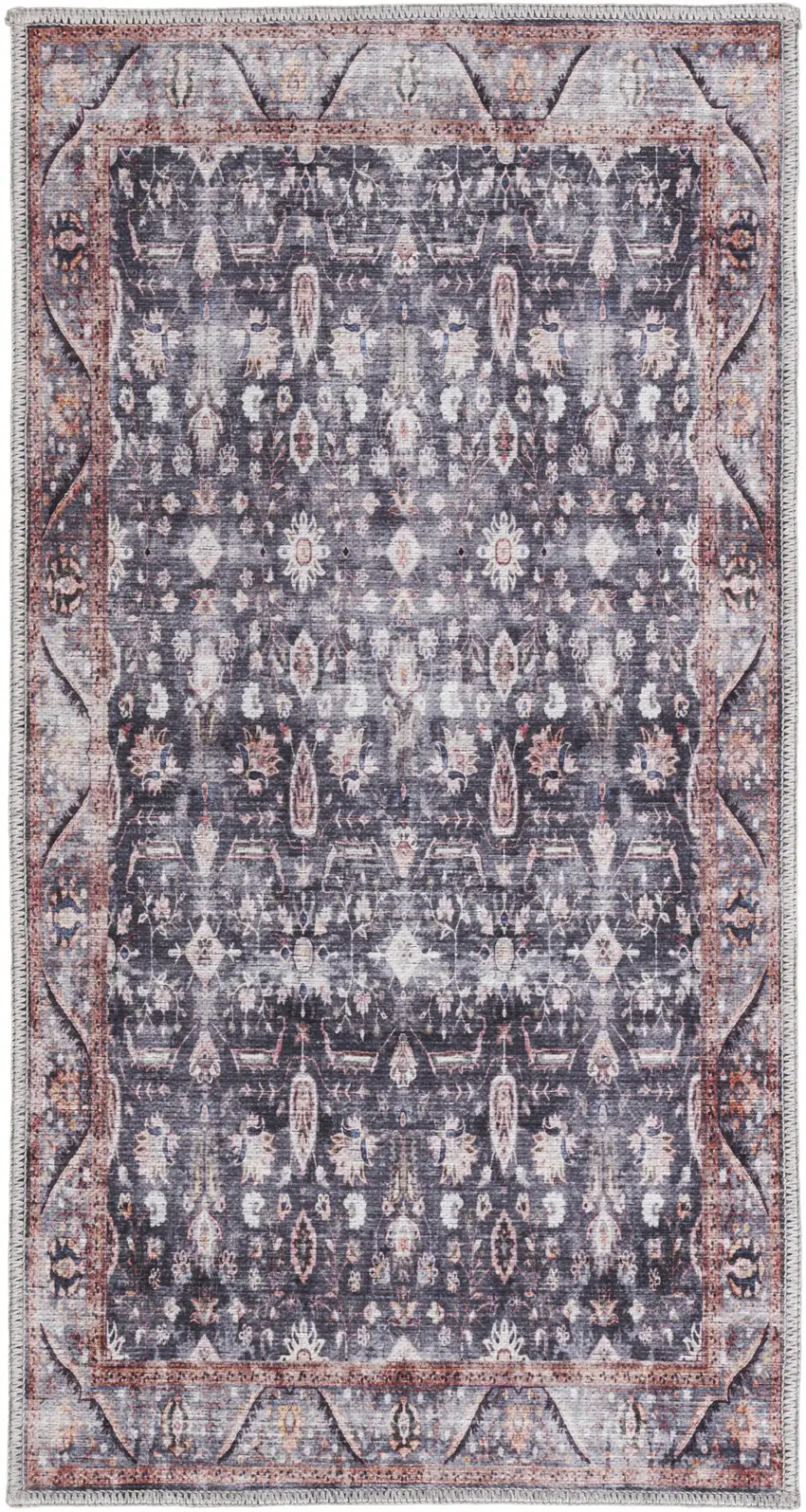 Blue and Ivory Floral Power Loom Distressed Washable Non Skid Area Rug Photo 2