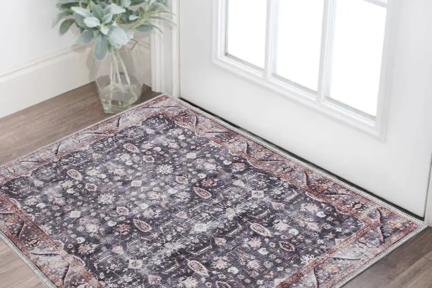 Blue and Ivory Floral Power Loom Distressed Washable Non Skid Area Rug Photo 1