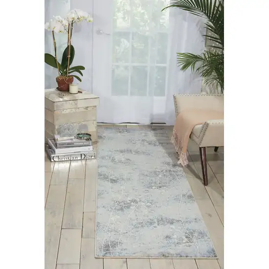 8' Blue And Ivory Floral Runner Rug Photo 3