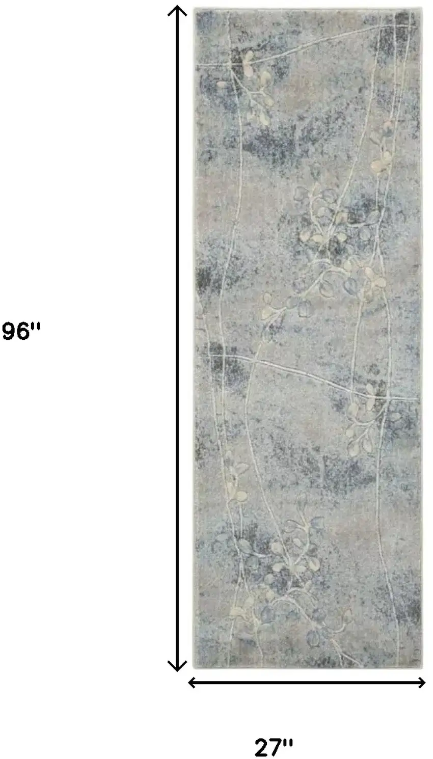 Blue and Ivory Floral Power Loom Runner Rug Photo 3