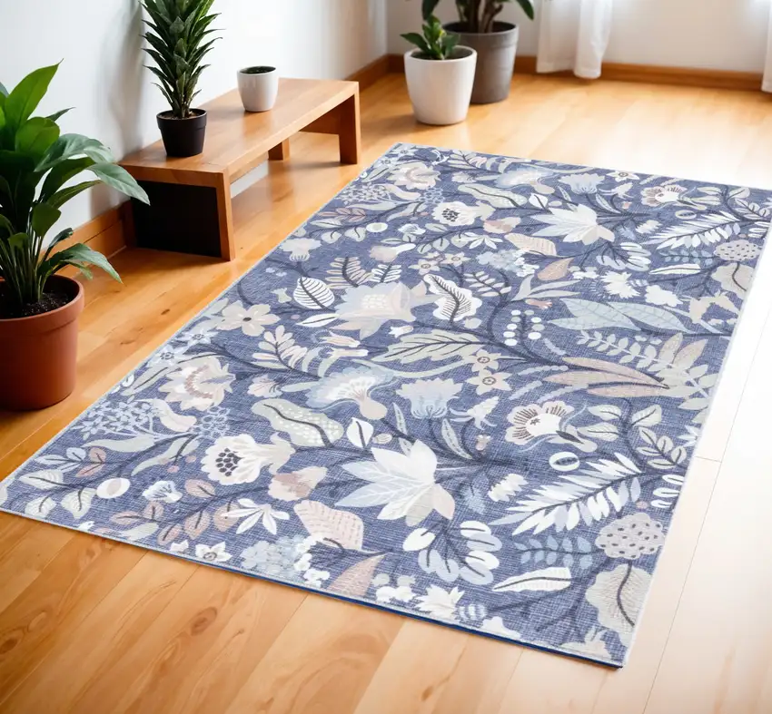 Blue and Ivory Floral Power Loom Washable Non Skid Area Rug Photo 1