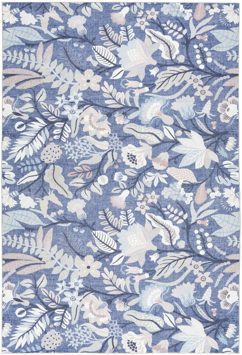 Blue and Ivory Floral Power Loom Washable Non Skid Area Rug Photo 2