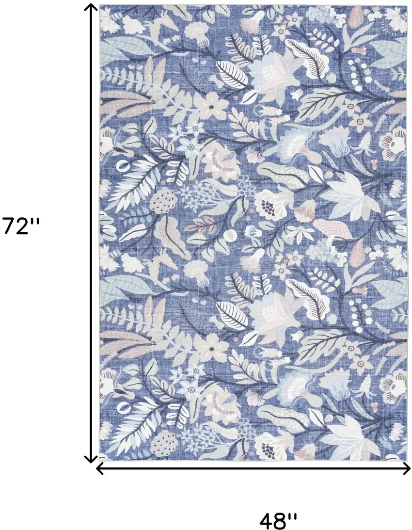 Blue and Ivory Floral Power Loom Washable Non Skid Area Rug Photo 3
