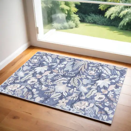 Blue and Ivory Floral Power Loom Washable Non Skid Area Rug Photo 1