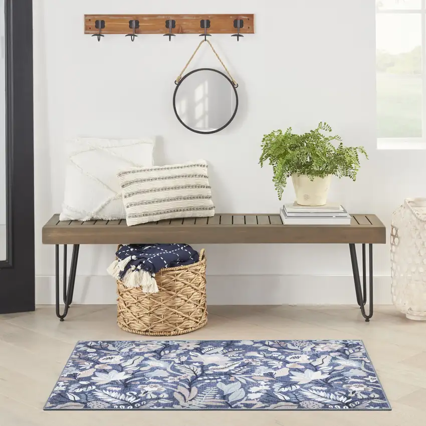 Blue and Ivory Floral Power Loom Washable Non Skid Area Rug Photo 8
