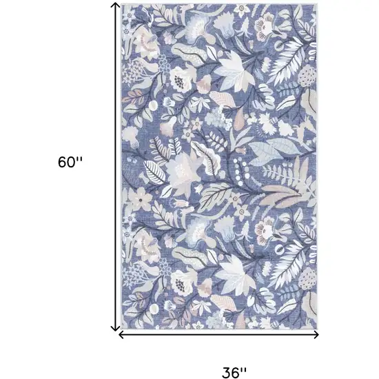 Blue and Ivory Floral Power Loom Washable Non Skid Area Rug Photo 3
