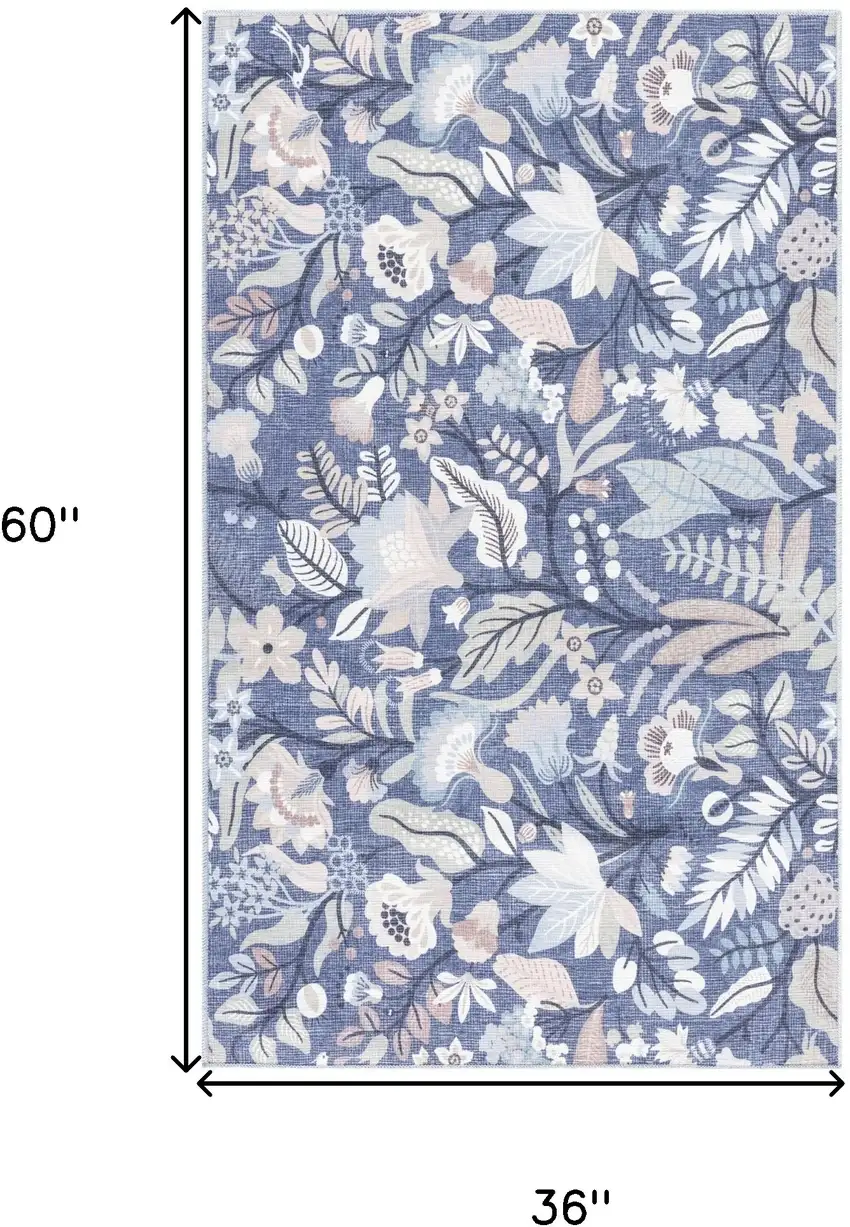 Blue and Ivory Floral Power Loom Washable Non Skid Area Rug Photo 3