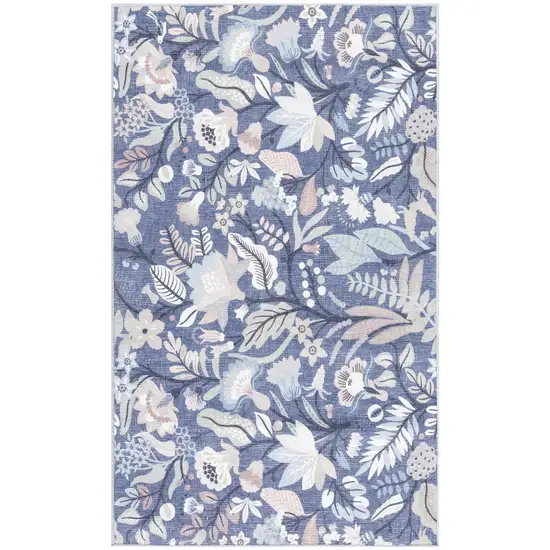 Blue and Ivory Floral Power Loom Washable Non Skid Area Rug Photo 2