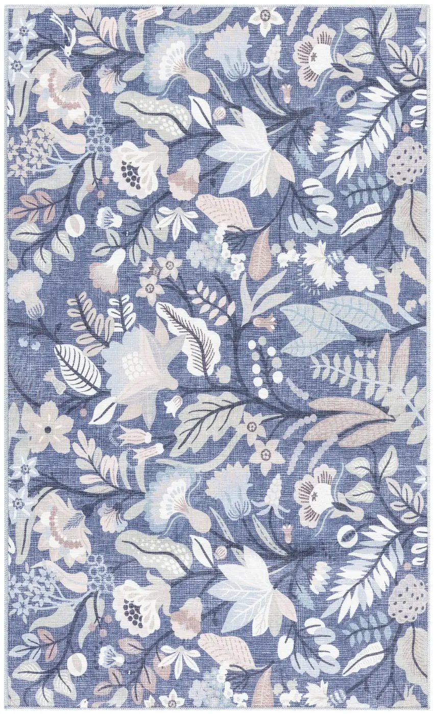 Blue and Ivory Floral Power Loom Washable Non Skid Area Rug Photo 2